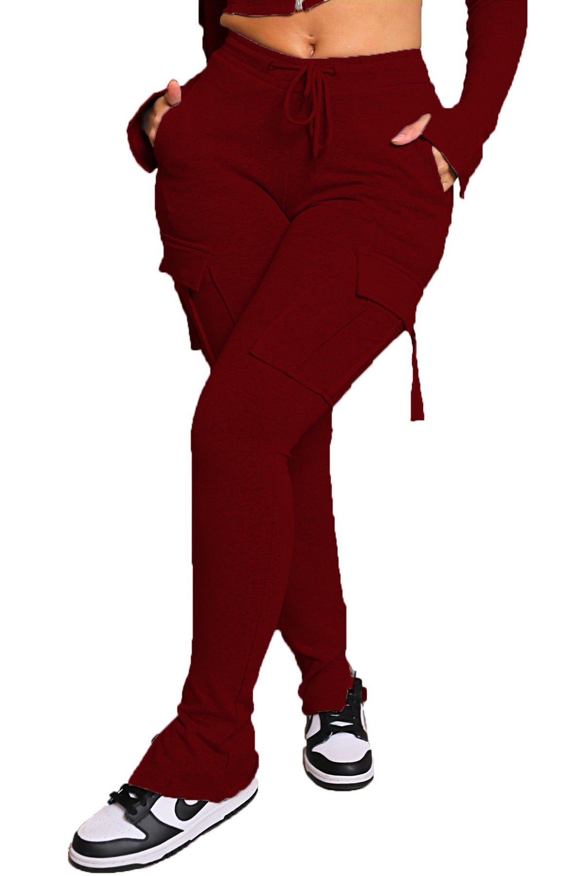 Women’s cargo pants with pockets, high waist drawstring, and wide leg cut