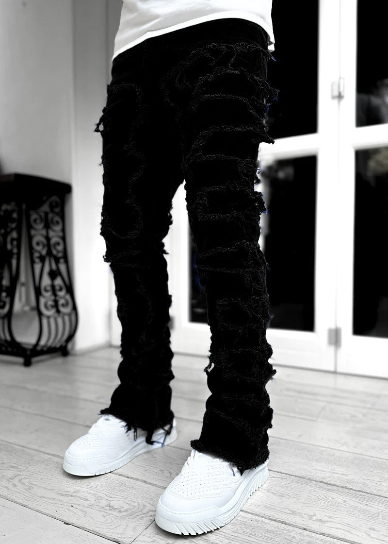 Men trousers individual patched pants with tight fit and stacked jeans styleMen trousers individual patched pants with tight fit and stacked jeans style