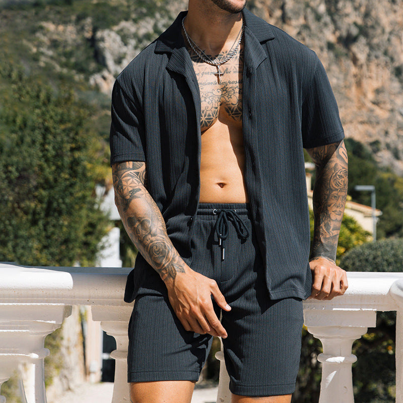 Men's Two Piece Set with short sleeve lapel shirt & matching shorts