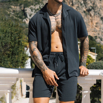 Men's Two Piece Set with short sleeve lapel shirt & matching shorts