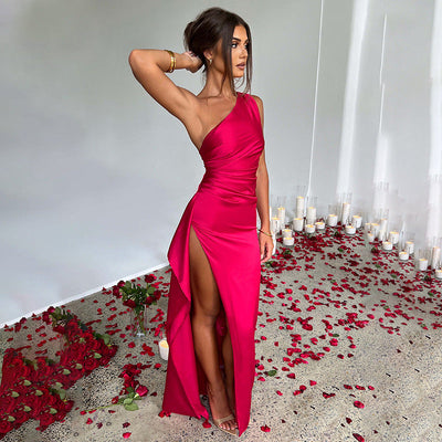 Sexy one-shoulder backless slit dress in solid satin with slim fit design
