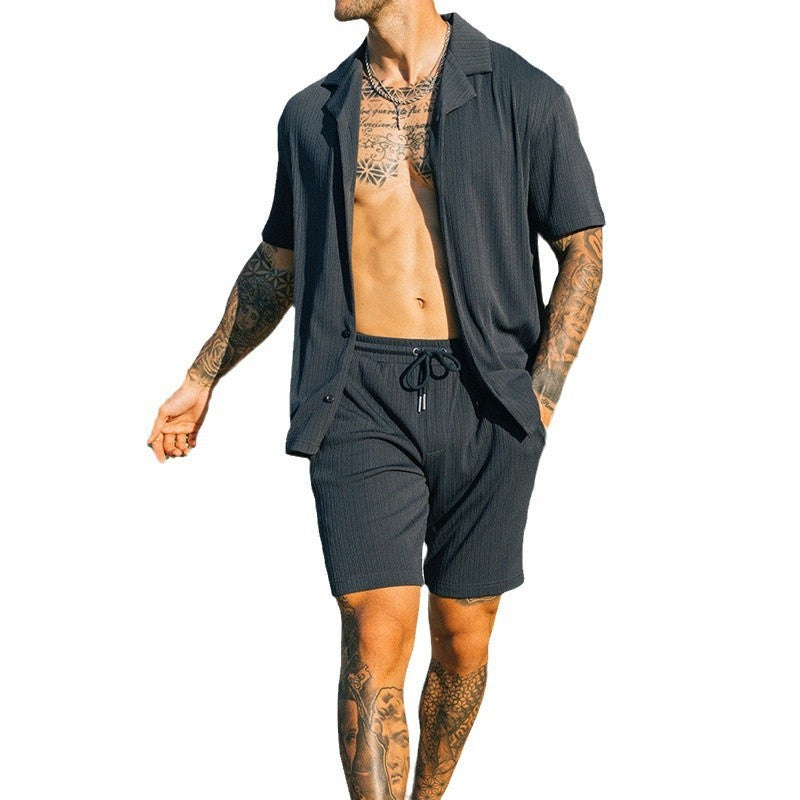 Men's Two Piece Set with short sleeve lapel shirt & matching shorts