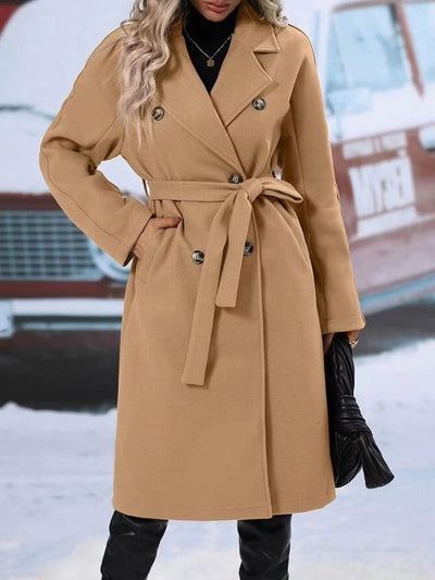 Lapel double-breasted trench coat with belt and long winter design for women