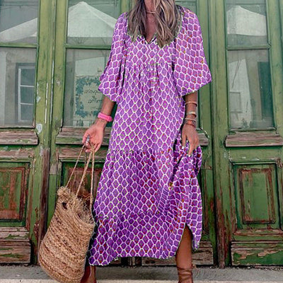 Summer women’s vintage printed bohemian dress with V-neck and loose maxi fit
