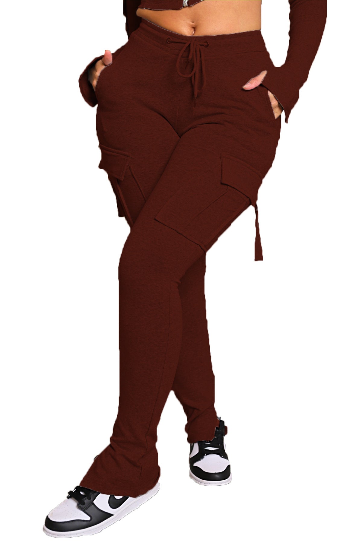 Women’s cargo pants with pockets, high waist drawstring, and wide leg cut