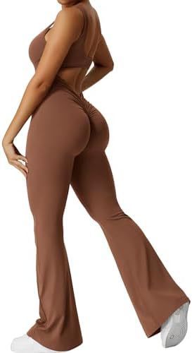 Women Sleeveless Flare Jumpsuits with yoga-ready fit and flared long pants