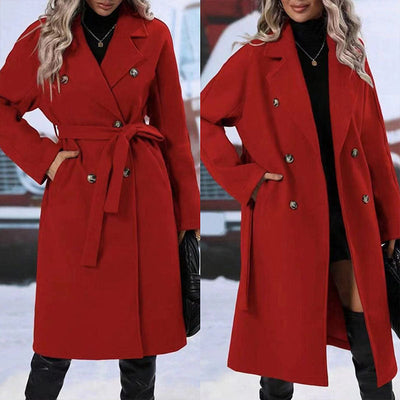 Lapel double-breasted trench coat with belt and long winter design for women