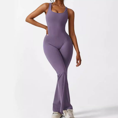 Women Sleeveless Flare Jumpsuits with yoga-ready fit and flared long pants grey