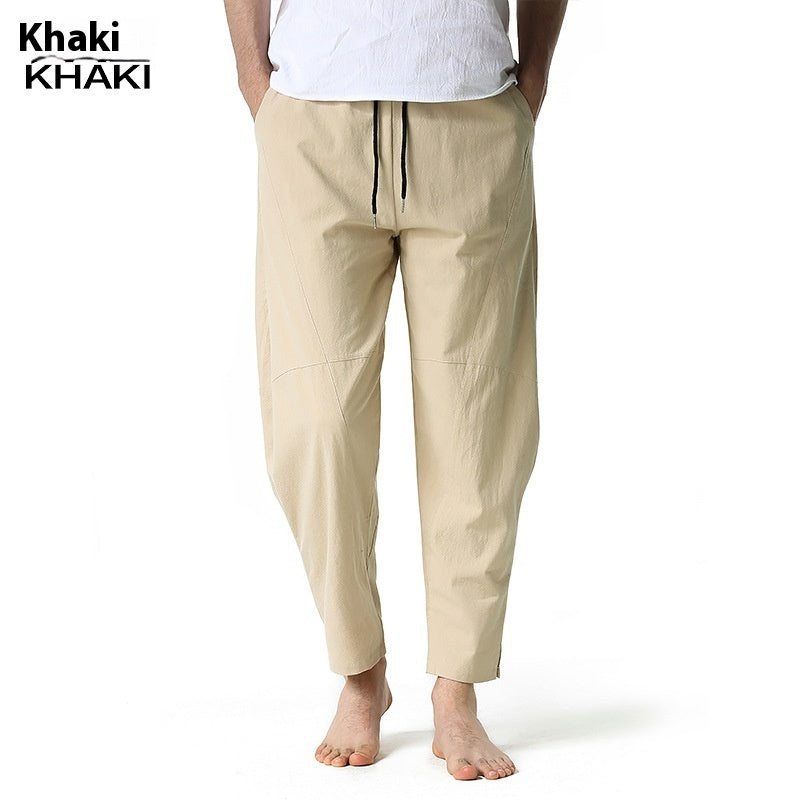 Men's linen cotton loose casual pants with straight leg and solid color design