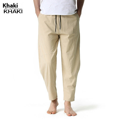 Men's linen cotton loose casual pants with straight leg and solid color design