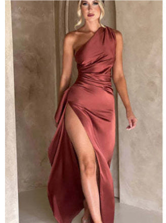 Sexy one-shoulder backless slit dress in solid satin with slim fit design