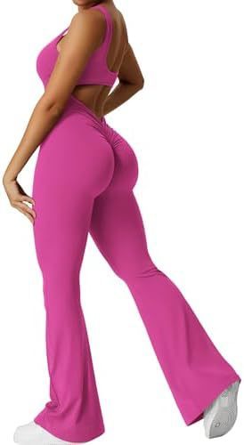 Women Sleeveless Flare Jumpsuits with yoga-ready fit and flared long pants pink