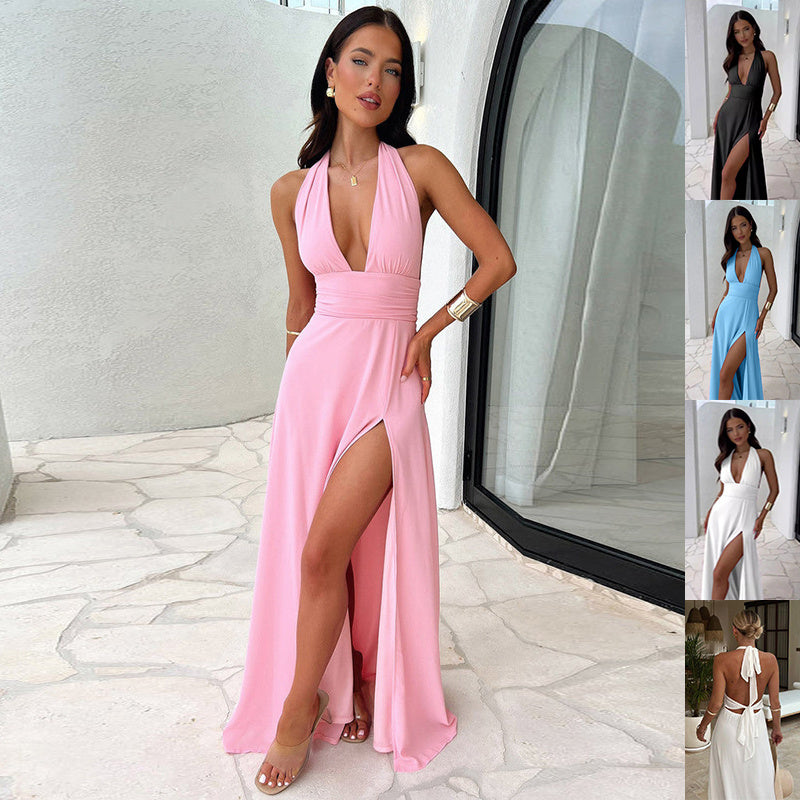 Halterneck V-neck slit dress with backless strappy design for summer wear