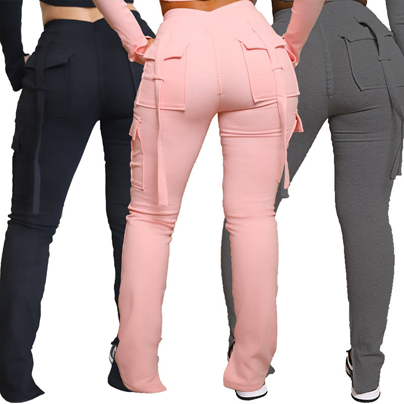 Women’s cargo pants with pockets, high waist drawstring, and wide leg cut