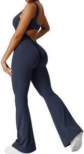 Women Sleeveless Flare Jumpsuits with yoga-ready fit and flared long pants