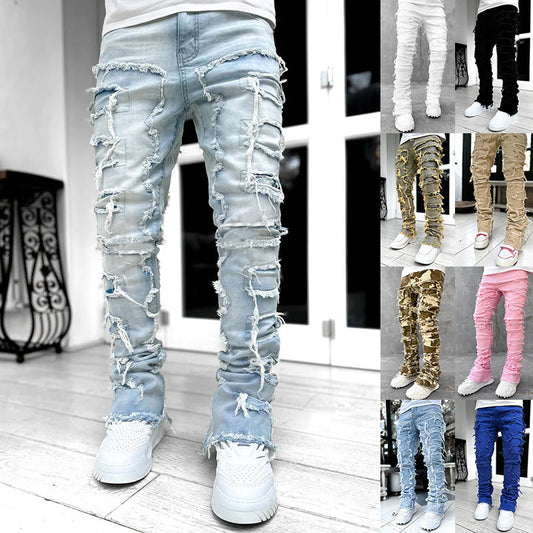Men trousers individual patched pants with tight fit and stacked jeans style
