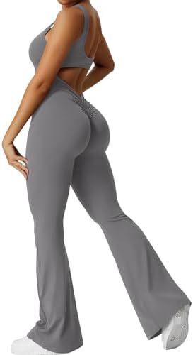 Women Sleeveless Flare Jumpsuits with yoga-ready fit and flared long pants