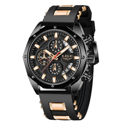 Fashion mens watches with quartz chronograph, silicone strap, and waterproof design