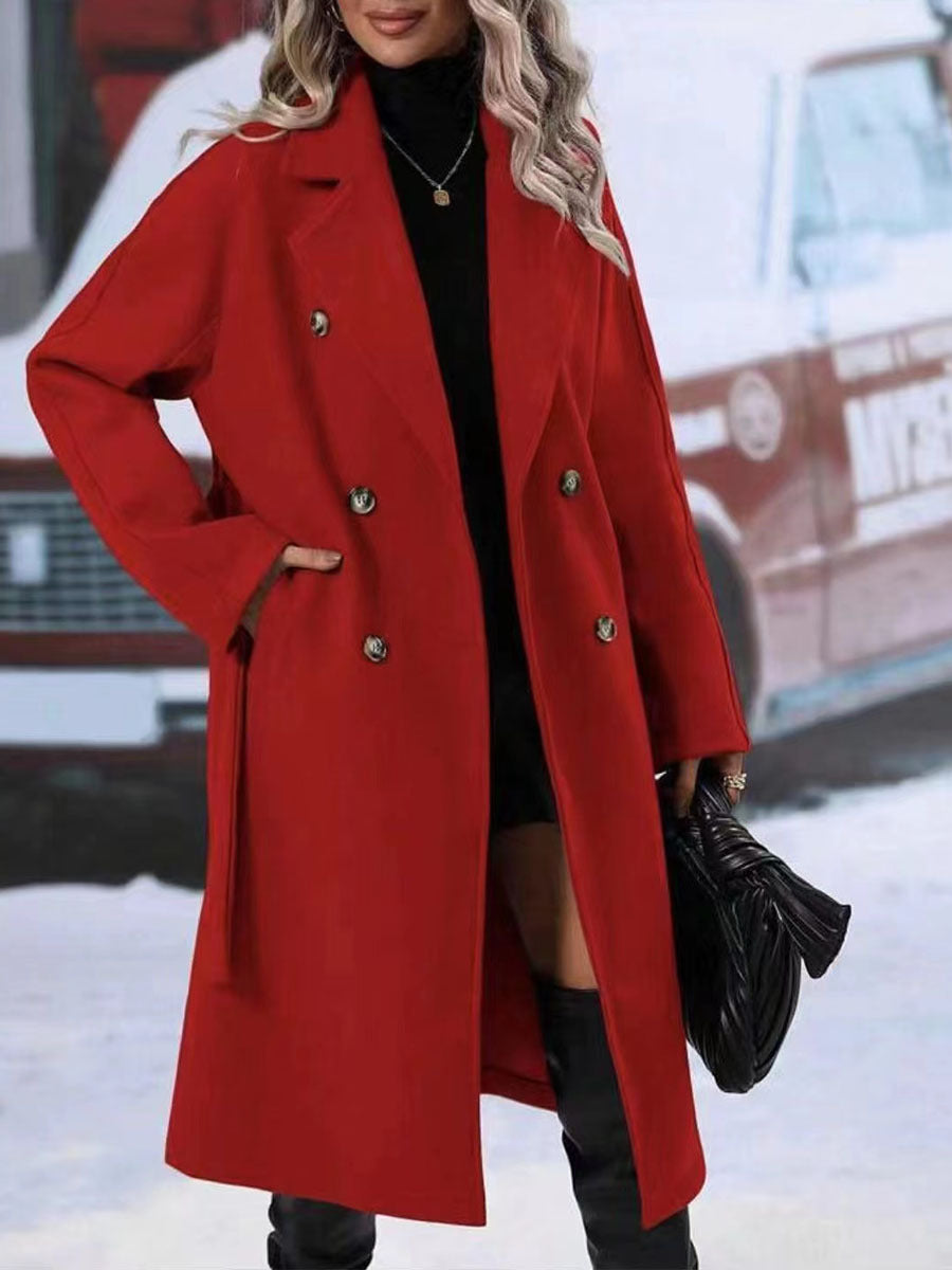 Lapel double-breasted trench coat with belt and long winter design for women