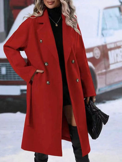 Lapel double-breasted trench coat with belt and long winter design for women