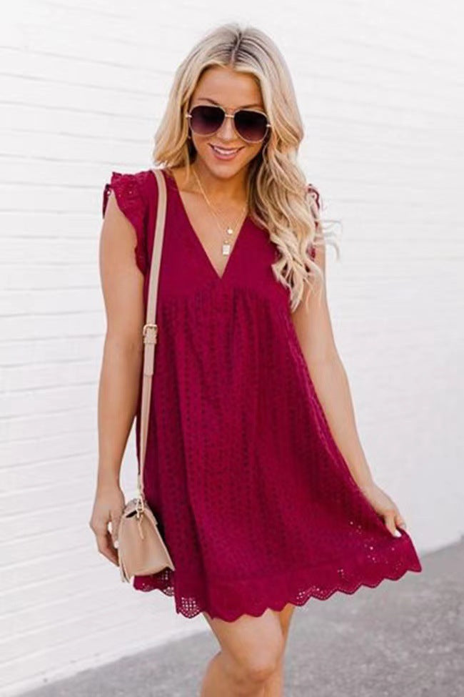 Lace dresses with pocket, sleeveless jacquard cutout V-neck summer beachwear