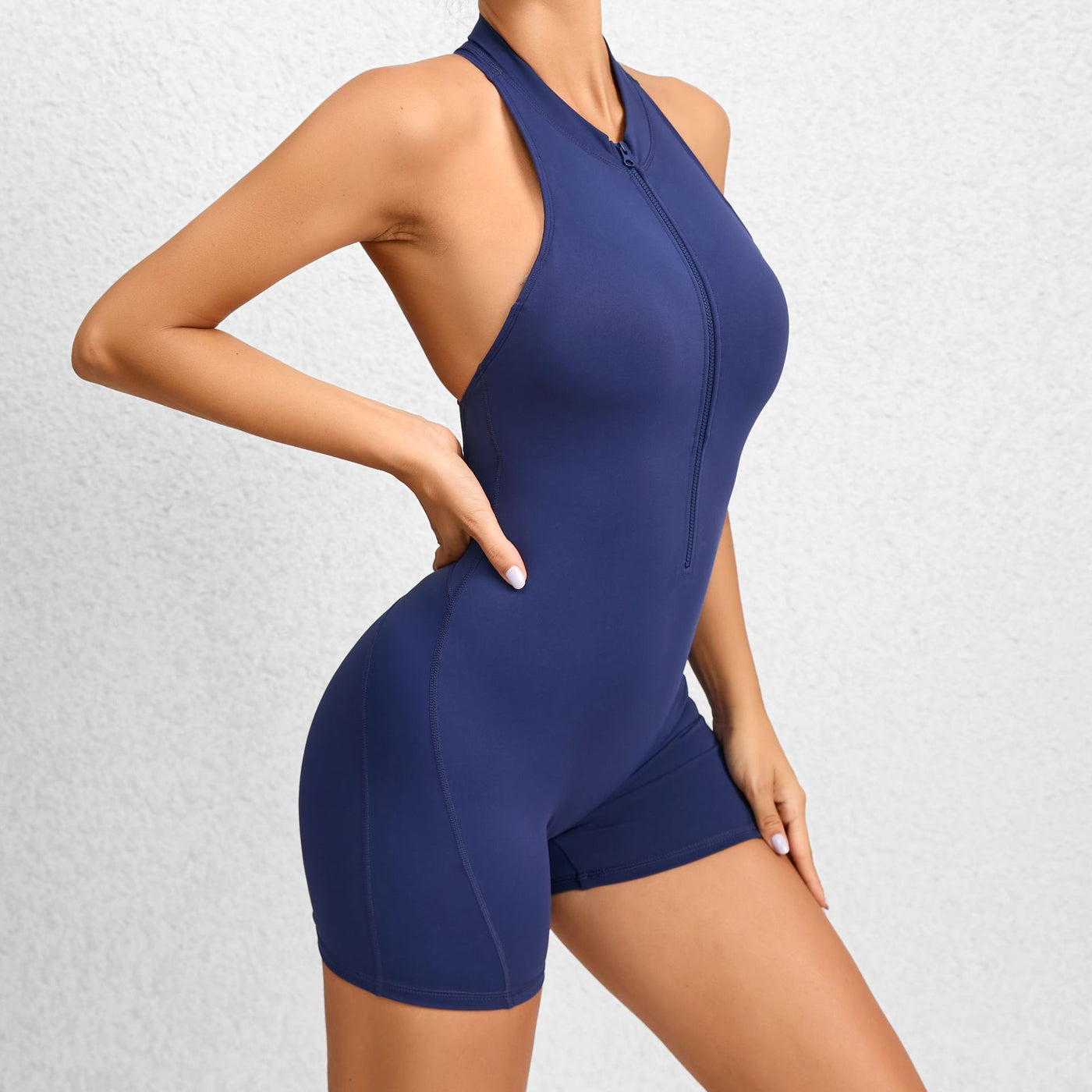 Zippered yoga shorts jumpsuit with tummy control and butt-lifting fit
