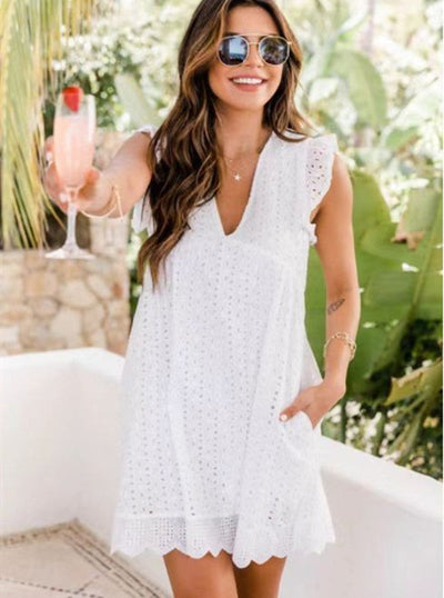 Lace dresses with pocket, sleeveless jacquard cutout V-neck summer beachwear
