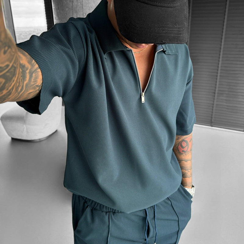 Summer Fashion Mens Clothing clothing set with zipper polo shirt and drawstring shorts