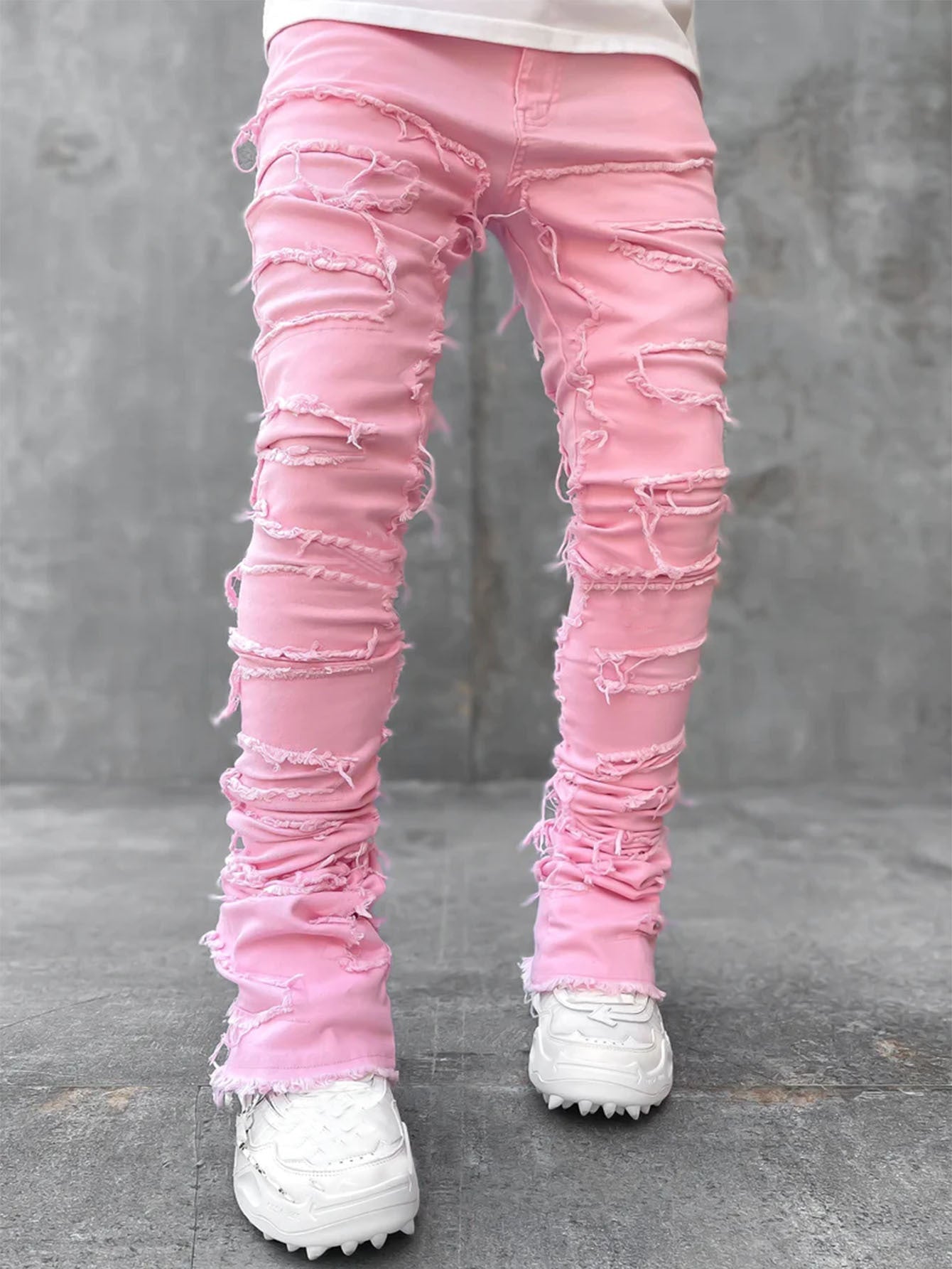 Men trousers individual patched pants with tight fit and stacked jeans style