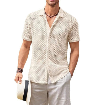 Summer mesh lapel shirt men’s short sleeve beach top in solid color