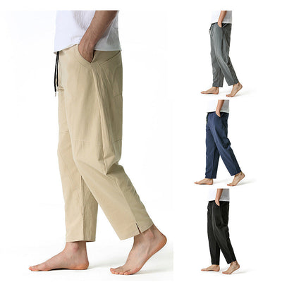 Men's linen cotton loose casual pants with straight leg and solid color design