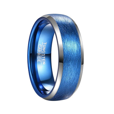 Curved surface electroplated tungsten steel ring with brushed blue finish