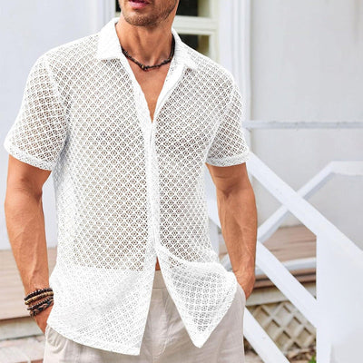 Summer mesh lapel shirt men’s short sleeve beach top in solid color