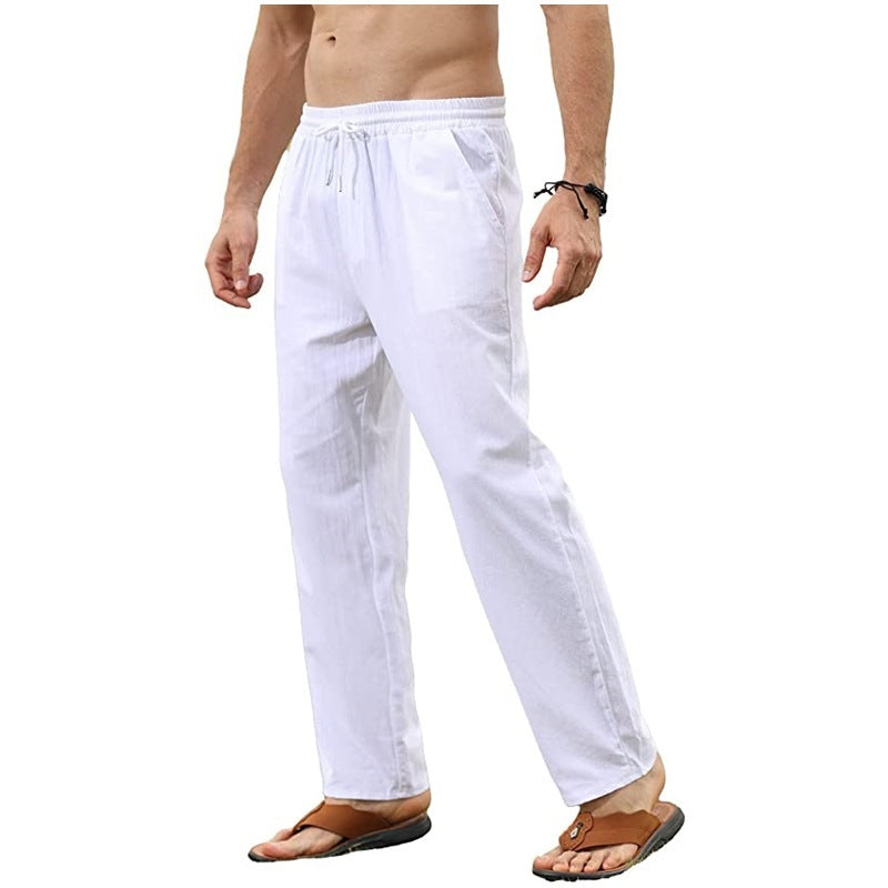 Men's solid color cotton and linen trousers with slim casual fit