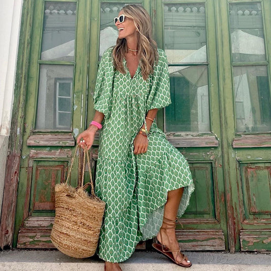 Summer Womens Vintage Printed Bohemian Dress with V-neck and loose maxi fit