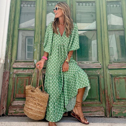 Summer women’s vintage printed bohemian dress with V-neck and loose maxi fit