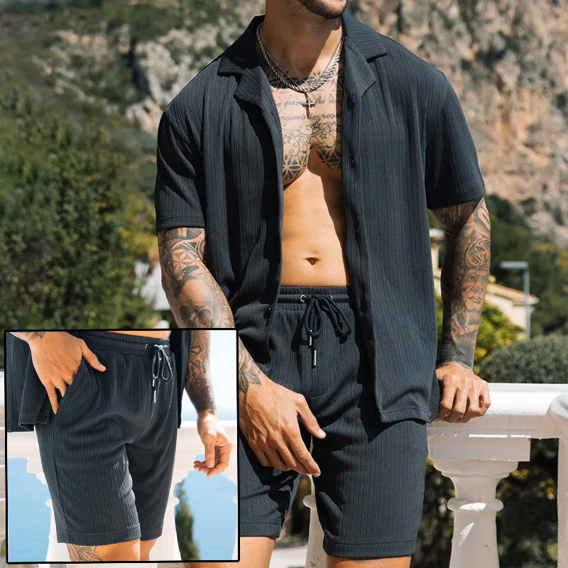 Men's Two Piece Set with short sleeve lapel shirt & matching shorts