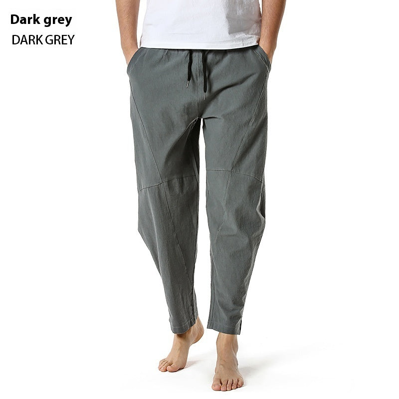 Men's linen cotton loose casual pants with straight leg and solid color design