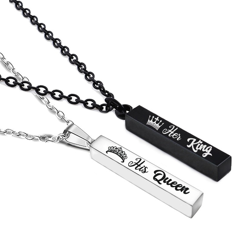 Crown Her King His Queen bar pendant couple necklace in stainless steel