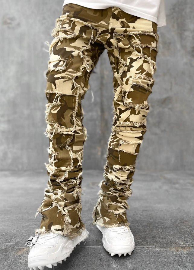 Men trousers individual patched pants with tight fit and stacked jeans style