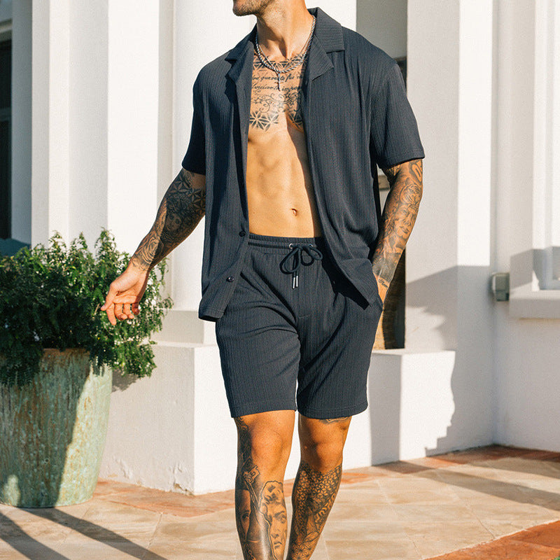 Men's Two Piece Set with short sleeve lapel shirt & matching shorts