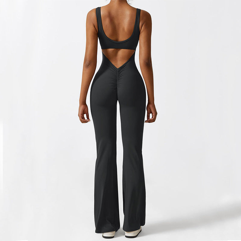 Women Sleeveless Flare Jumpsuits with yoga-ready fit and flared long pants