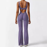 Women Sleeveless Flare Jumpsuits with yoga-ready fit and flared long pants grey