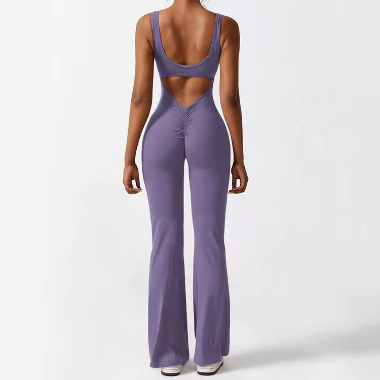 Women Sleeveless Flare Jumpsuits with yoga-ready fit and flared long pants grey