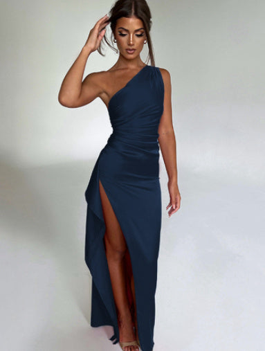 Sexy one-shoulder backless slit dress in solid satin with slim fit design