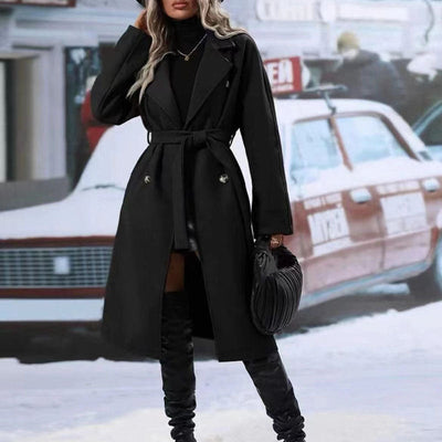Lapel double-breasted trench coat with belt and long winter design for women
