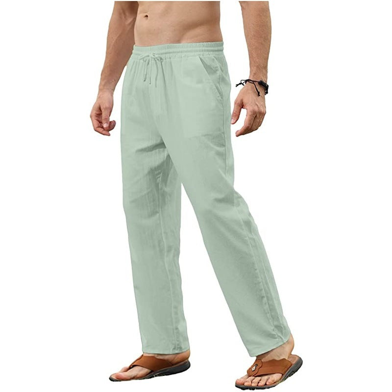 Men's solid color cotton and linen trousers with slim casual fit