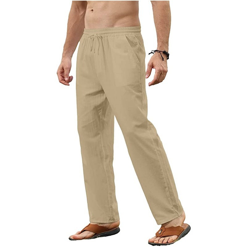 Mens solid color cotton and linen trousers with slim casual fit