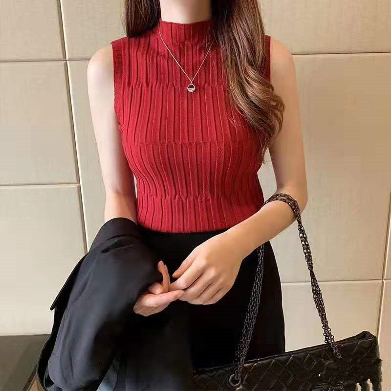 Retro half high neck slim knit sleeveless sweater vest top for women