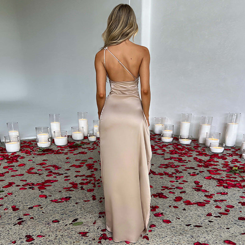 Sexy one-shoulder backless slit dress in solid satin with slim fit design